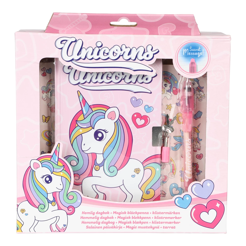 Dagboksset enh�rning med l�s - penna och klisterm�rken