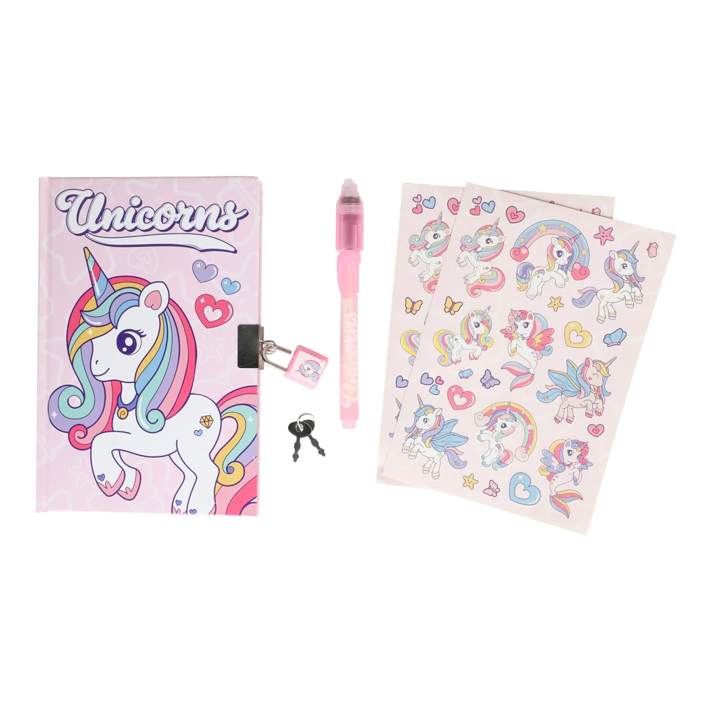 Dagboksset enh�rning med l�s - penna och klisterm�rken