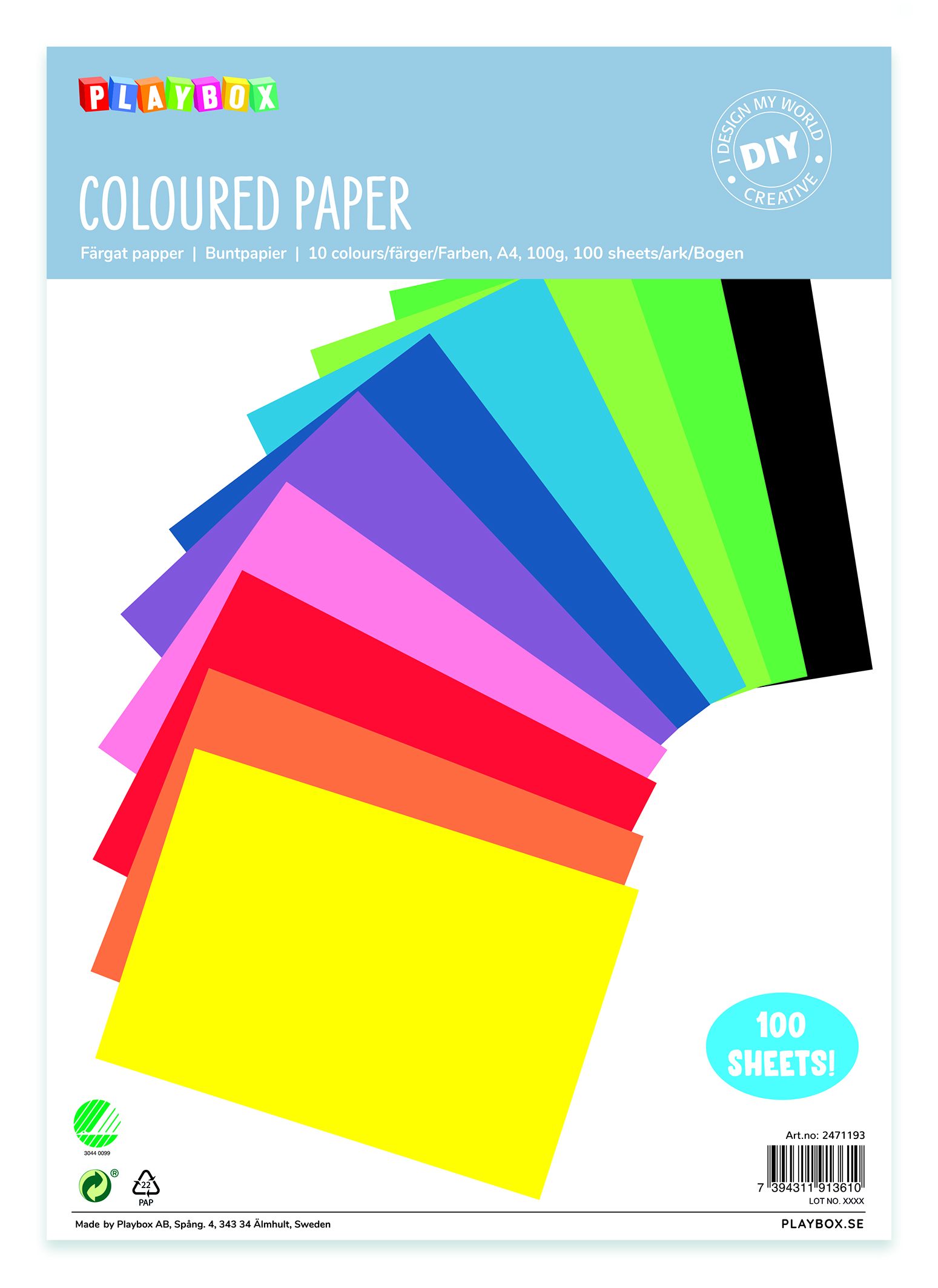 Farvet papir A4, 80 g, 100 ark