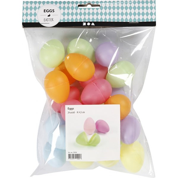 Ägg av plast - 2-delad - pastellfärger - H4,5 cm - 24 st Ägg av plast - 2-delad - pastellfärger - H4,5 cm - 24 st