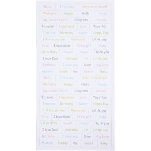 Klistremerkeark Baby pastellfarger engelske ord 12x23 cm 2x84 stk