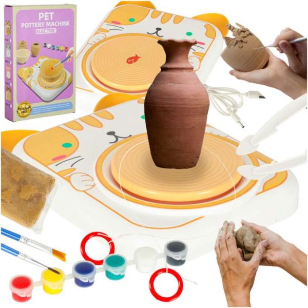 Kreativt keramikksett med elektrisk spinnehjul gul katt for barn Kreativt keramikksett med elektrisk spinnehjul gul katt for barn