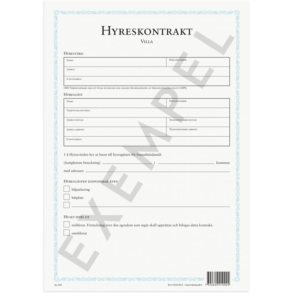 Lejekontrakt - Villa - Formularer, Papir, Kontorartikler