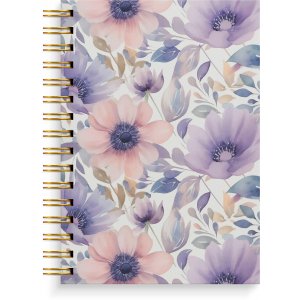 Anteckningsbok A5 lila blommor linjerad spiralbunden