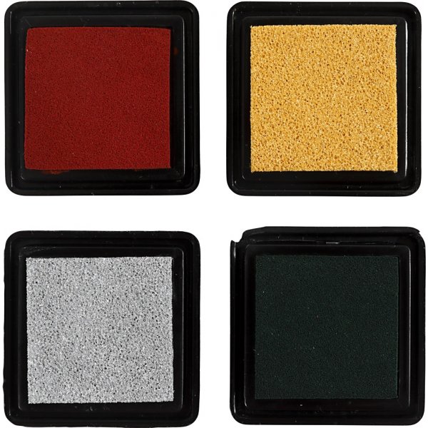 Stämpeldyna 3,5 x 3,5 cm - guld - lövgrön - julröd - silver - 4 st Stämpeldyna 3,5 x 3,5 cm - guld - lövgrön - julröd - silver - 4 st