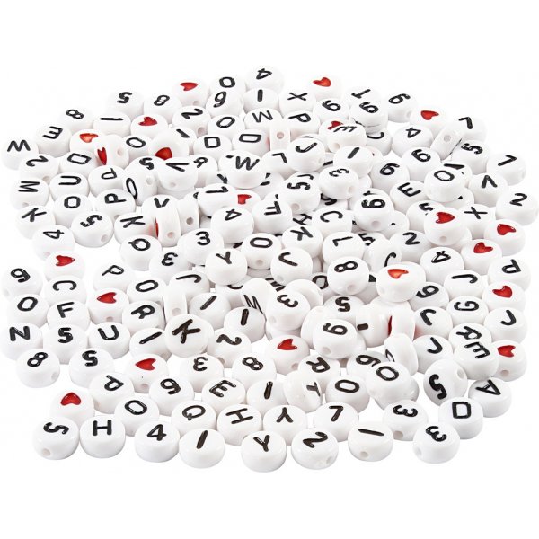 Bokstavspärlor - svart/vit - Ø7 mm - ca 1500 st Bokstavspärlor - svart/vit - Ø7 mm - ca 1500 st