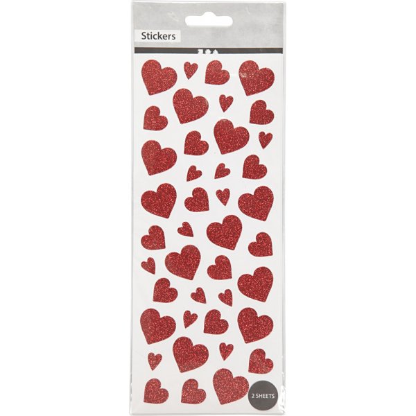 Glitterstickers - röd - hjärtan - 2 ark Glitterstickers - röd - hjärtan - 2 ark