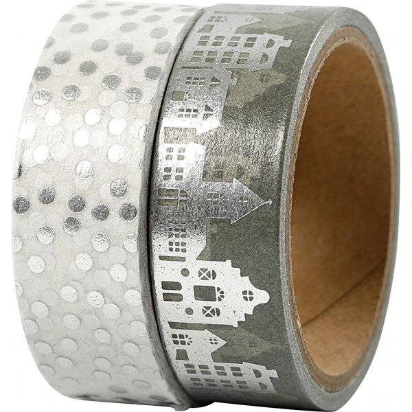 Washitejp - silver - hus och prickar - folie - 2 x 4 m
