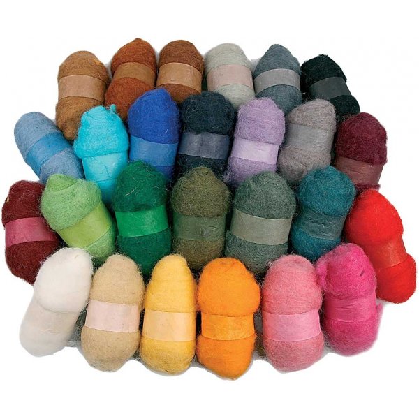Kardad Ull - mixade färger - 26 x 25 g Kardad Ull - mixade färger - 26 x 25 g