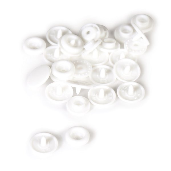 Set med 10 vita plastknappar med tryckknapp, storlek 20 (12,2 mm) Set med 10 vita plastknappar med tryckknapp, storlek 20 (12,2 mm)