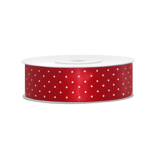 Satengb�nd med hvite prikker 25 mm x 25 m - R�d