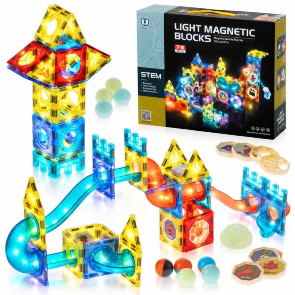 Magnetiske byggeklosser med kulebane og lysende deler 75 deler Magnetiske byggeklosser med kulebane og lysende deler 75 deler