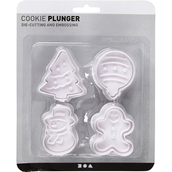 Utsticksform med prägel - vit - julgran - snögubbe - pepparkaksgubbe - kula Utsticksform med prägel - vit - julgran - snögubbe - pepparkaksgubbe - kula