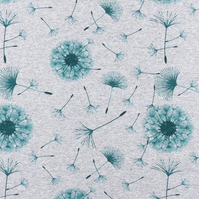 Jersey med print - Mælkebøtte, Meleret - Mørk Petroleumsgrøn - Strikstof med blomster og planter, Strikstof, Stof