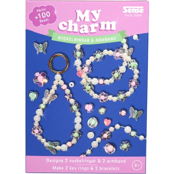 P�rlset armband och nyckelring gr�n rosa - g�r egna