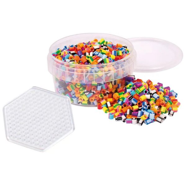Rörpärlor randig mix i burk med hexagonformad pärlplatta - ca 1000 st Rörpärlor randig mix i burk med hexagonformad pärlplatta - ca 1000 st