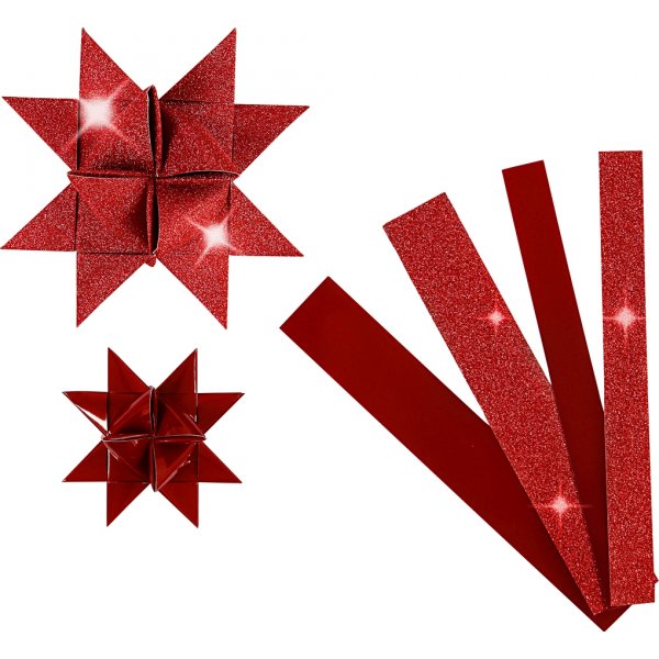 Stjernestrimler - rød - glitter, lak - Ø6,5+11,5 cm - 40 strimler Stjernestrimler - rød - glitter, lak - Ø6,5+11,5 cm - 40 strimler