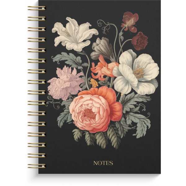 Notesbog A5 med m�rke blomsterm�nstre, linjeret, spiralindbundet