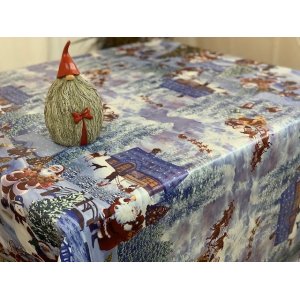 Vaxduk vinterlandskap med tomtar 140 cm