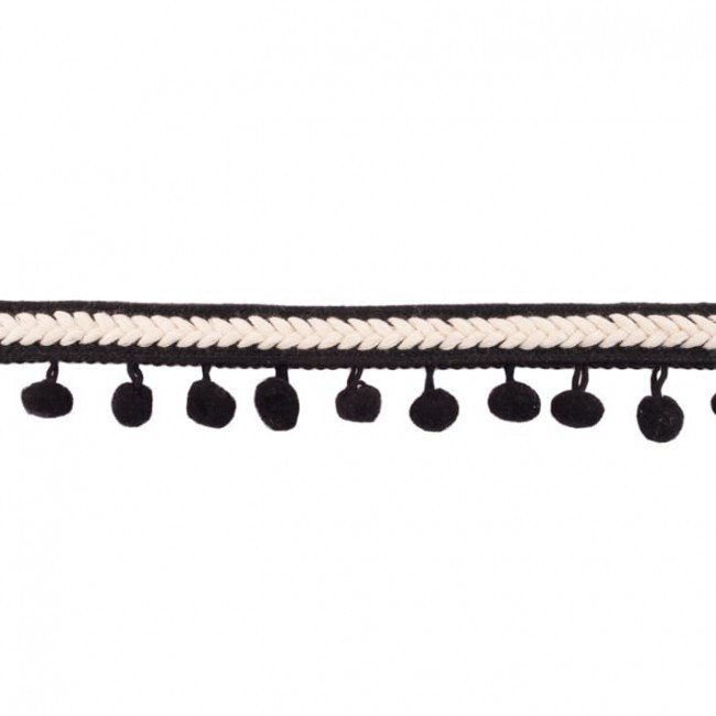 Dekorbånd - Pom Pom, Herringbone - Sort - Kuglefrynse, Snor, Tekstilbånd & snor