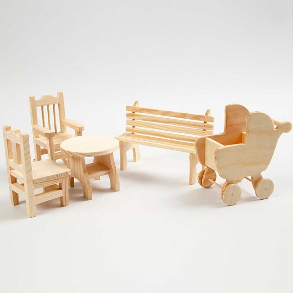 Minimöbler - 5-pack - stol - bänk - gungstol - bord - barnvagn Minimöbler - 5-pack - stol - bänk - gungstol - bord - barnvagn