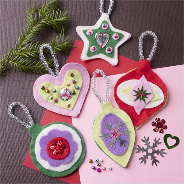 DIY-sæt julepynt i filt blandede farver 5 stk. DIY-sæt julepynt i filt blandede farver 5 stk.