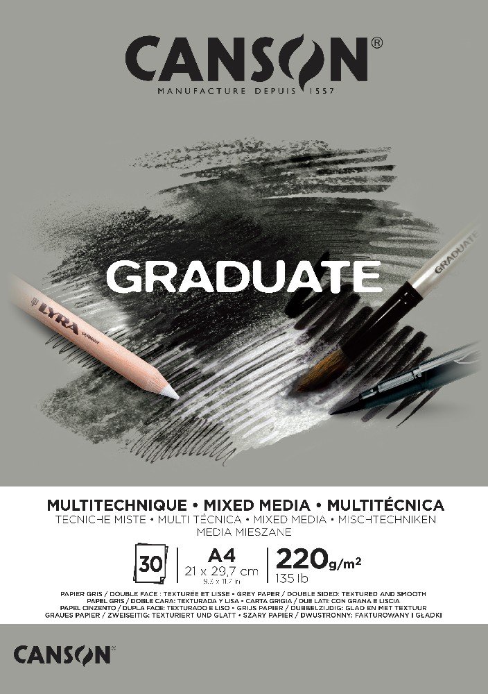 Graduate Mixedmedia Blok 220 g 30 ark Grå - A4 - Øvrige papirer, Blok