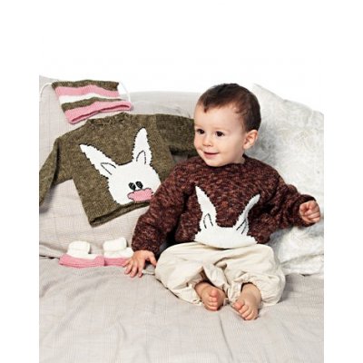 Strikkeopskrift - Strikket sweater med kanin, samt hue og sm stvler