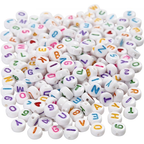 Bokstavspärlor - Vit/blandade färger - Ø7 mm - ca 1500 st Bokstavspärlor - Vit/blandade färger - Ø7 mm - ca 1500 st